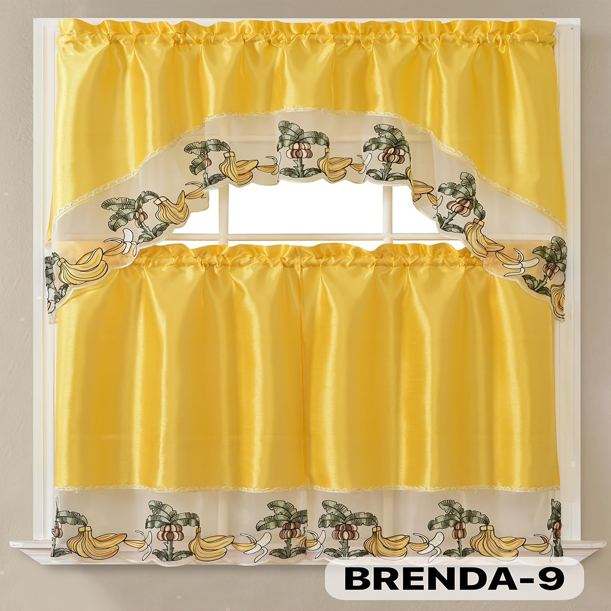 3pcs Bamboo Embroidered Kitchen Curtain Set, Floral Embroidery, Lightweight and Soft, Easy Care, Machine Washable, Satin Fabric, Embroidered
