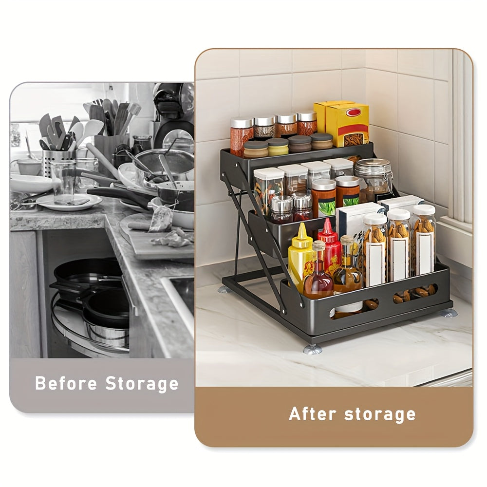 3-Tier Foldable Cast Iron Spice Rack Organizer with Safety Rails - Space-Saving Countertop & Cabinet Storage for Kitchen, Pantry - Durable Painted Finish, Holiday-Themed Design, Kitchen Spice Organizer, Space Saver, Sleek Metal Style, Sturdy Construction