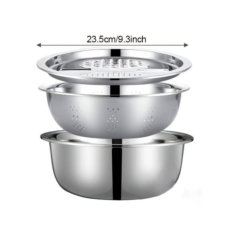 Set of 3 Stainless Steel Kitchen Tools Featuring a Built-In Grinder, Versatile Filter, And Mixing Bowl - Perfect for Washing And Slicing Fruits, Vegetables, And Cheese. Ensures Food Safety with a Drainage System
