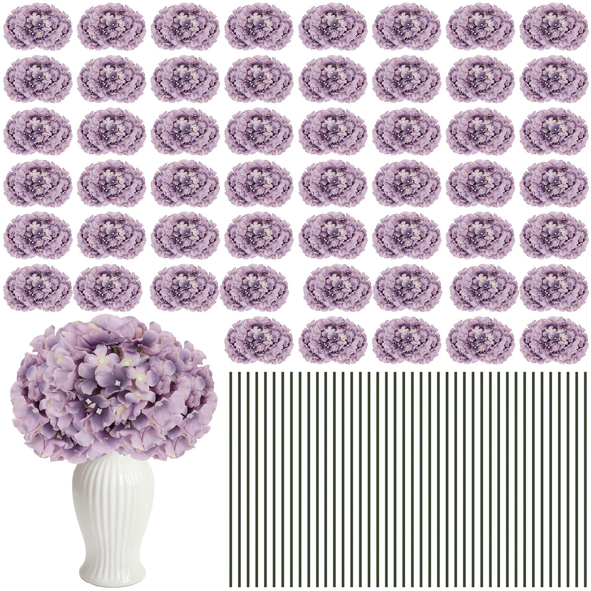 Set of 24 Synthetic Hydrangea Blooms with Stems, Ideal for Wedding Decorations, Home Parties, Baby Showers, And Store Displays. These Floral Arrangements Are Long-Lasting And Can Be Reused, Available in White, Orange, Blue, Dreamy Purple, Champagne