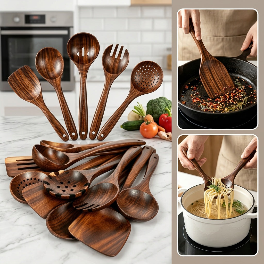 10pcs Non Stick Cookware Set, Wooden Kitchen Utensils, Heat-resistant, Including Shovel And Perforated Wooden Spoon. It Is A Stylish And Durable Wooden Multifunctional Set Suitable For Kitchen, Cooking, Baking, As Well As Casual And Formal.900g