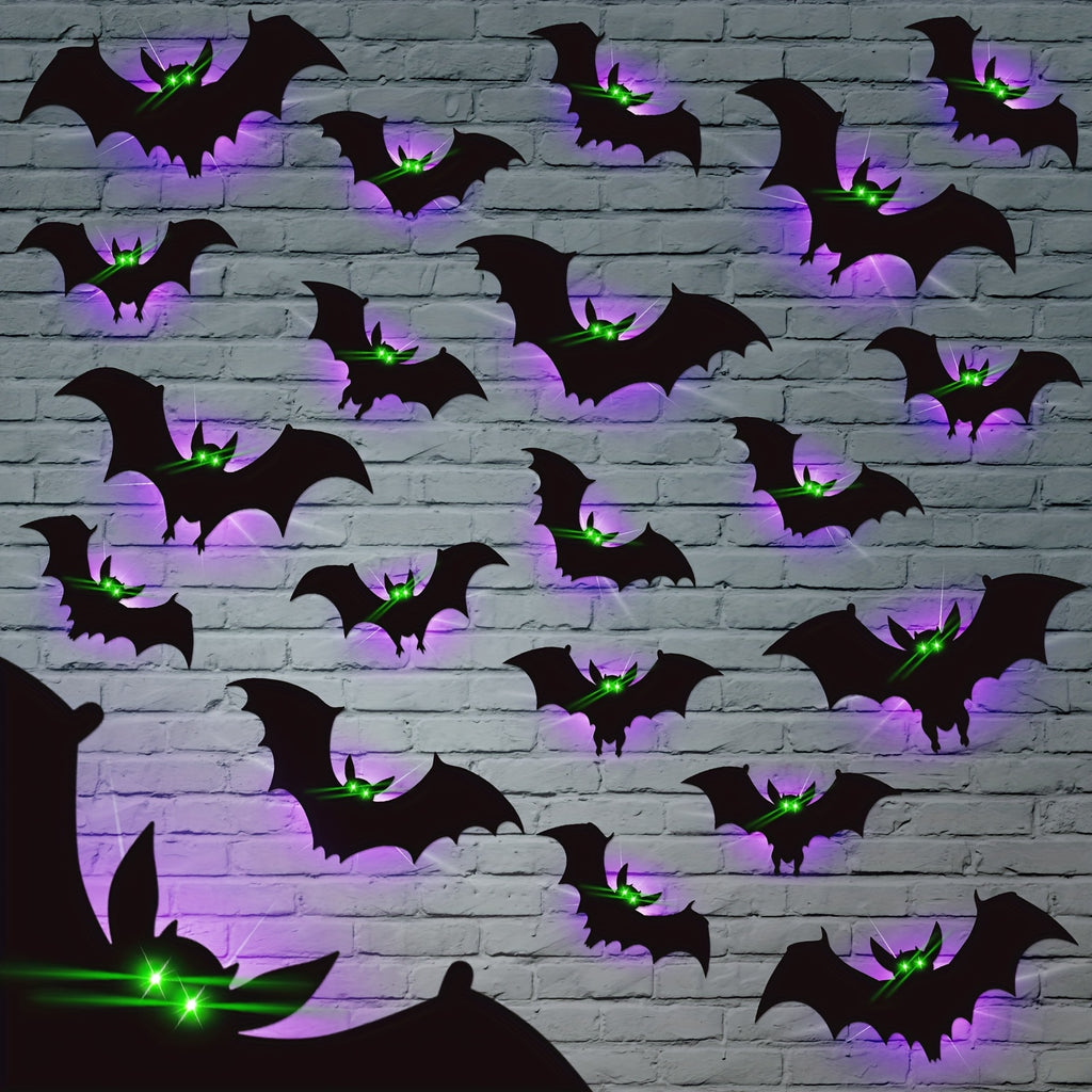 24 Packs Halloween Bats Decorations Wall Stickers with Glow in The Dark Eyes, 4 Different Styles Removable PVC Wall Bat Stickers for Indoor Outdoor Home Window Garage Decor Party Supplies