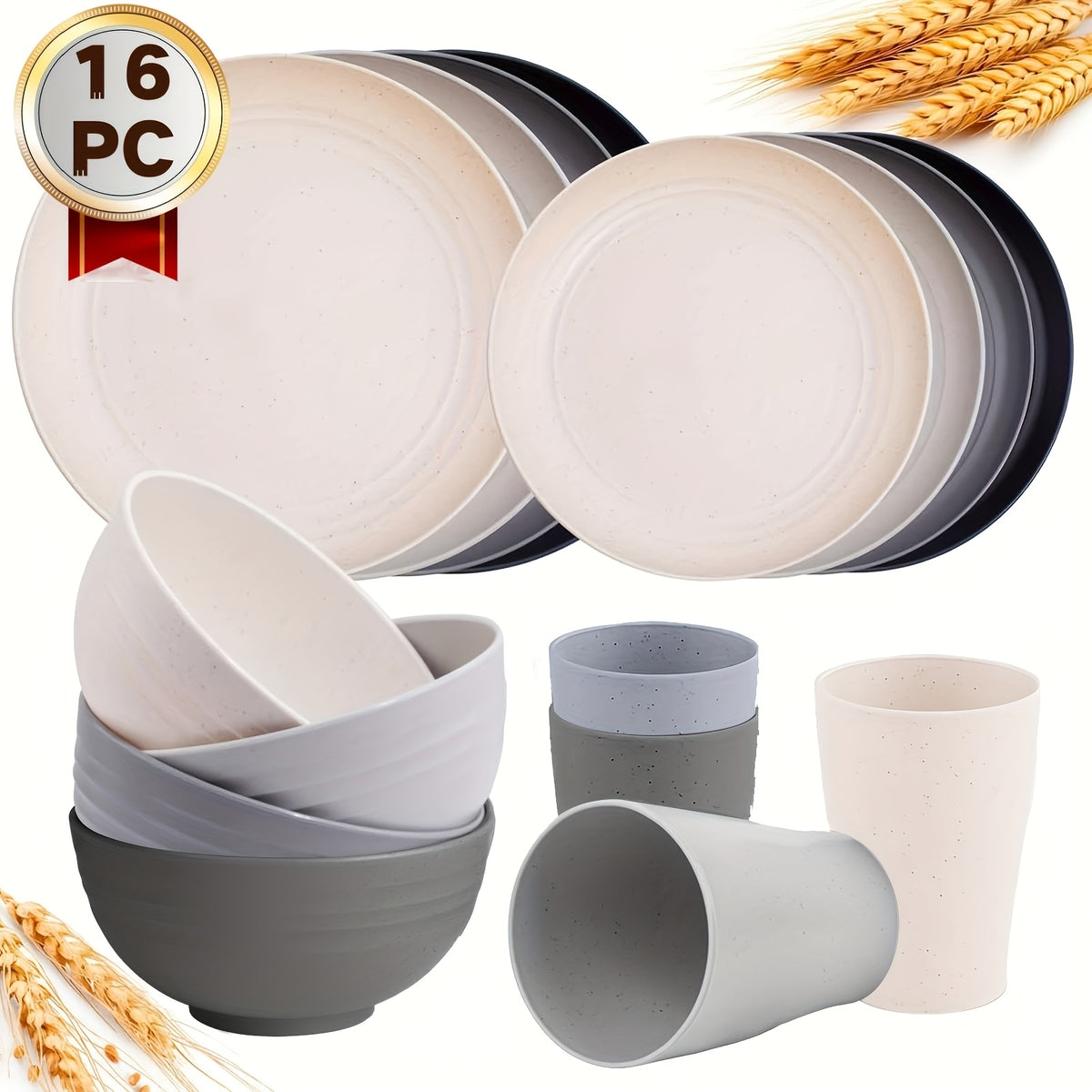 32/16pcs Wheat Straw Tableware Set, Round Plates, Dessert Plates, Bowls And Cups, Unbreakable Plates And Bowls Set, Service for 8/4, Dishwasher Safe, Durable And Lightweight And Easy-Clean for Kitchens, Rvs, Camping, And Outdoor Use