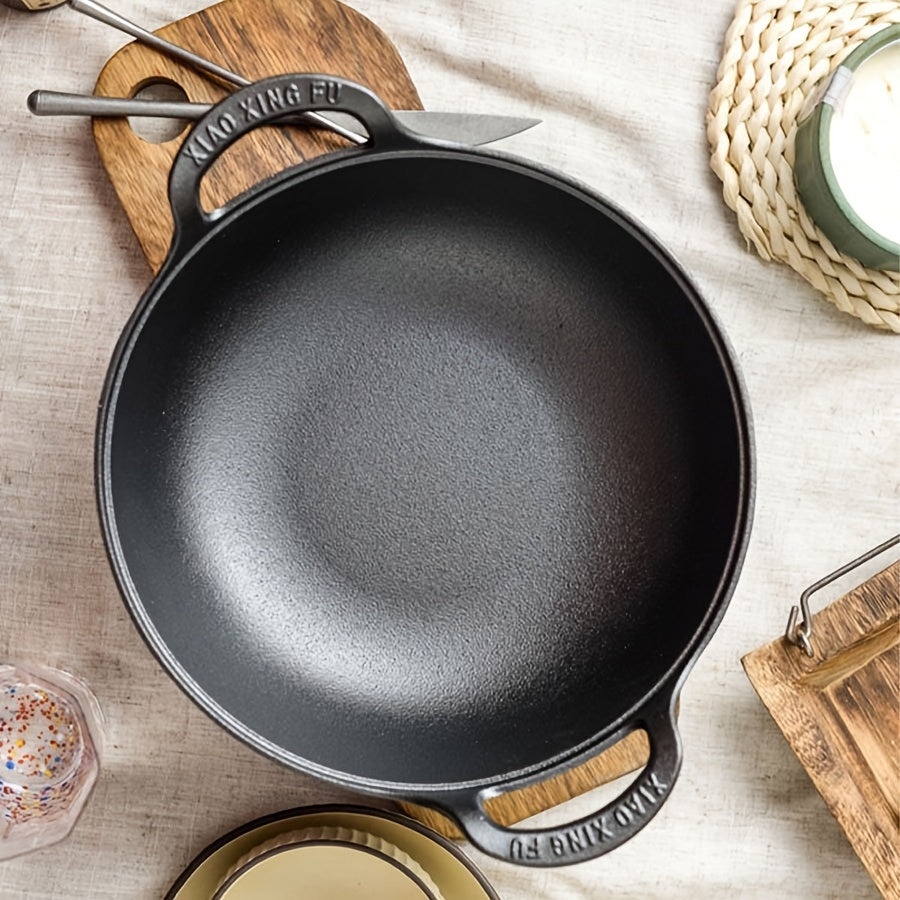 5 Sizes Cast Iron Wok, 7.87/ 9.84/ 10.62/ 11.81/ 12.59in Heavy-Duty Cast Iron Skillet, Traditional Uncoated Deep Stir-Fry Pan, Multi-functional Kitchen Cookware, Durable Cooking Pot with Dual Handles, Grilling Steaks & Baking, Ideal for Home, Outdoor
