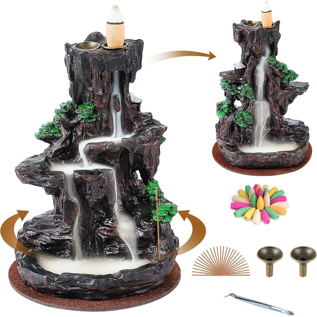 Incense Holder, Backflow Incense Holder 2 Sides Waterfall Incense Burnier with 120 Backflow Incense Cones, 30 Incense Sticks, Aromatcherapy Ornamen for Home