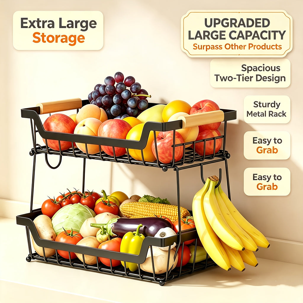 2-Tier Countertop Fruit Basket with 2 Banana Hangers for Kitchen, Detachable Metal Organizer for Bread Vegetable Fruits with Wooden Handle, Large Capacity Rectangular Storage Stand Bowls, Black