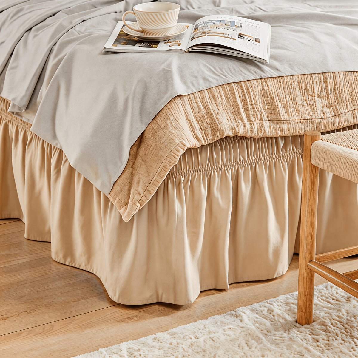 Leafy Sleep Elastic Bed Ruffle, Easy Wrap Around Ruffle, Microfiber Bed Skirt with Adjustable Elastic Belt 15 Inch Tailored Drop, Hotel Quality Bed Skirt, Fade Resistant, Easy Fit, Machine Washable