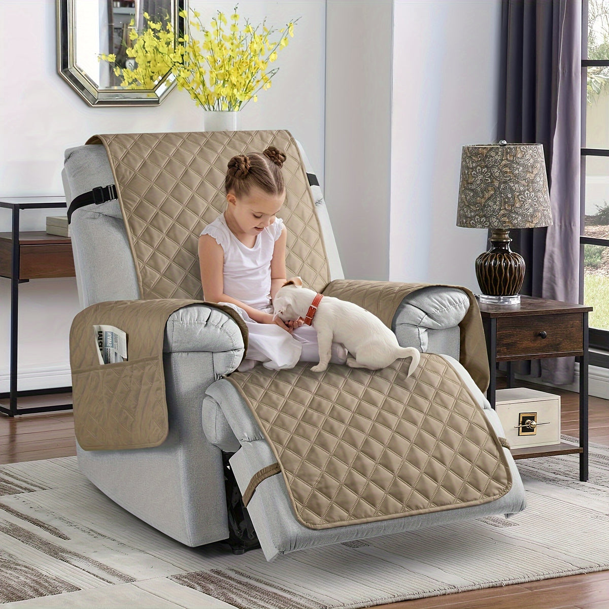 100% Waterproof Recliner Chair Cover, 1pc Non-Slip Recliner Covers With Pocket, Washable Reclining Chair Cover For Dogs Cats, Furniture Protector With Adjustable Strap, Home Decor