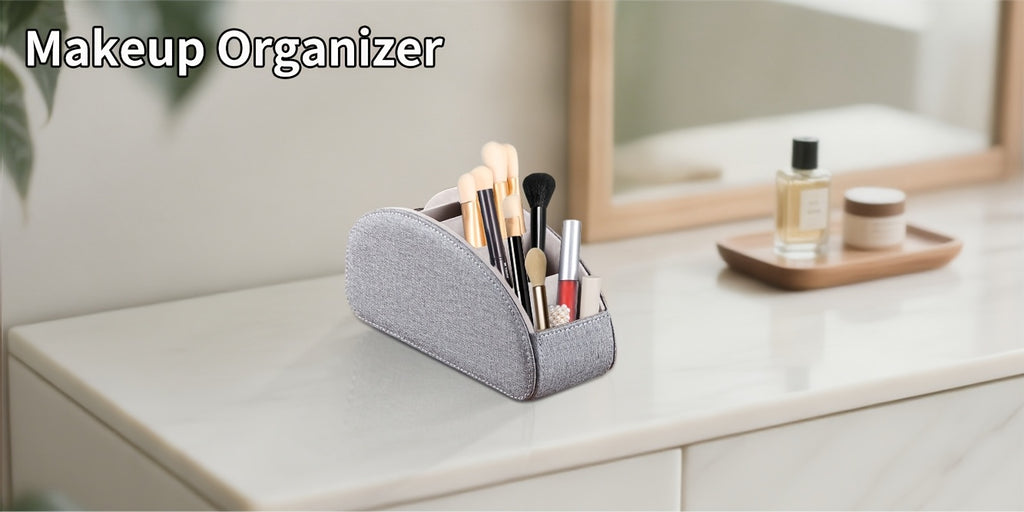Remote Control Holder with 5 Compartments, Faux Leather Multifunctional Desktop Storage Box/Remote Organizer Caddy/Pen Case/Home Storage Container for Remote Controls, Pens, Eyeglasses, Makeup Brushes, Office Stationery, etc. Home Decor and Accessor