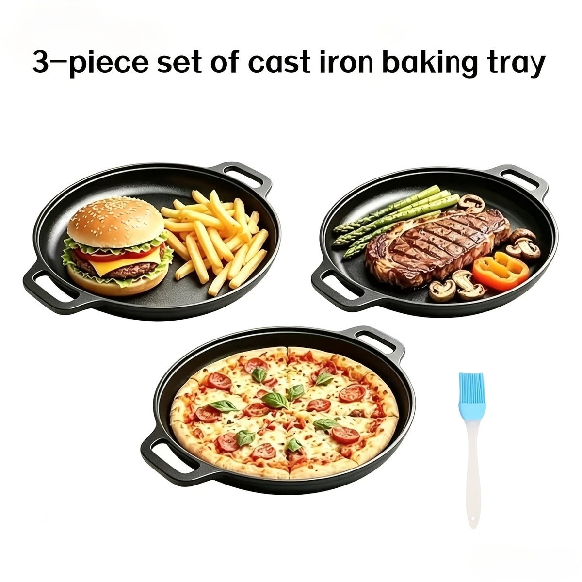 1/2/3pcs Cast Iron Pan, Pre Seasoned, Multifunctional, Non-Stick, for Pizza Lovers, for Home Kitchens, Outdoor Cooking, Durable, Even-Heating, Versatile, Compatible with All Stoves, Perfect for Home Kitchens And Outdoor Cooking