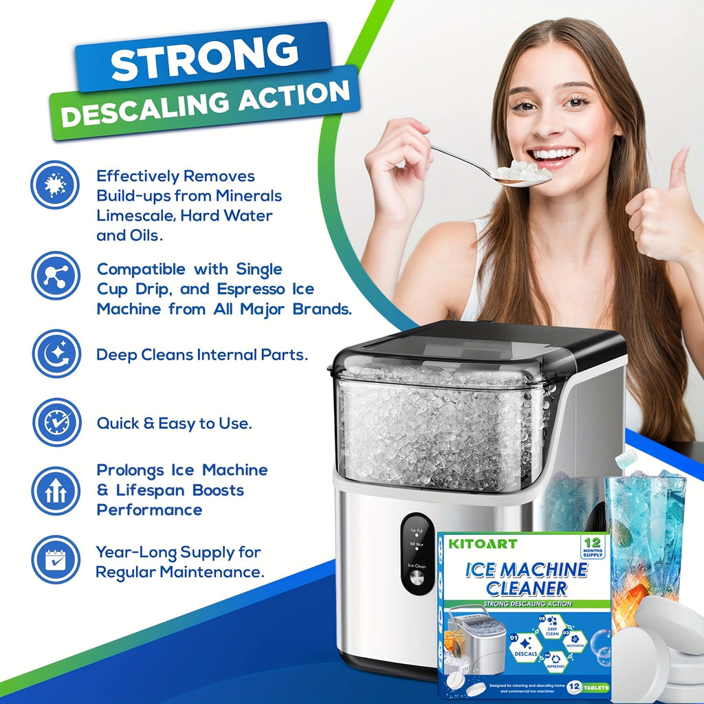 12 Ice Maker Cleaning Tablets - Gentle Formula for Deep Cleaning, Deodorizing & Scaling, Safe & Non-Toxic, No Residue, Sodium Chloride Formula, Compatible with All Ice Machines, 12pcs/24pcs/36pcs Three Specifications Are Available