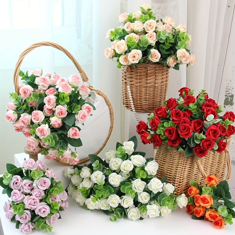4 Bunches of Realistic Artificial Roses - Vibrant Pink, Red, White And Green Plastic Faux Flowers, Suitable for Valentine'S Day, Weddings, Home Decoration, Indoor/ Outdoor Flower Arrangements (No Maintenance Required)