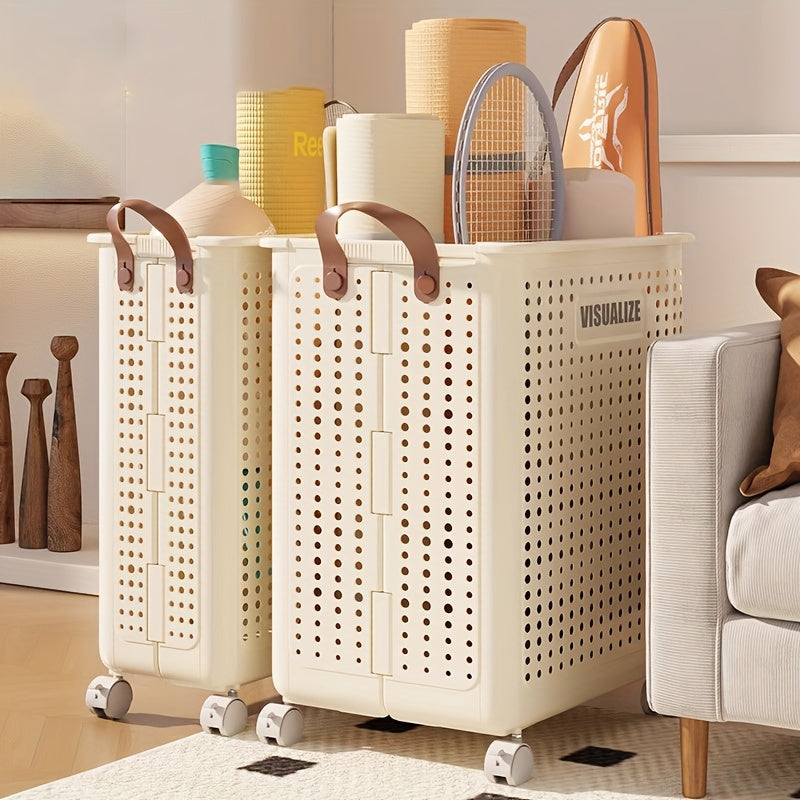 Large And Medium Foldable Ceramic White Laundry Baskets - Pu Leather, Hand Washable, Solid Color, Multi-Functional Portable RV Dirty Clothes Hamper with Wheels for RV Bathroom And Balcony Storage with 2 Stickers