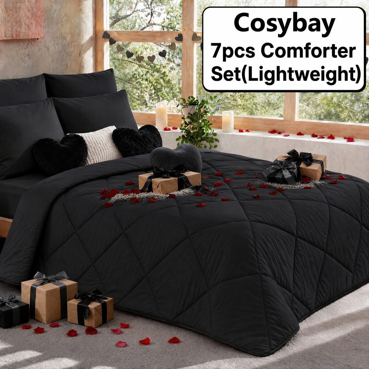Cosybay 7 Piece Pinch Pleated Comforter Set Queen King Size, Luxury Soft Fluffy Bedding Includes 1 Comforter, 1 Extra Deep Pocket Fitted Sheet, 1 Flat Sheet, 4 Pillowcases & Pillow Covers, Perfect for Halloween Party, Holiday Celebrations & Birthday