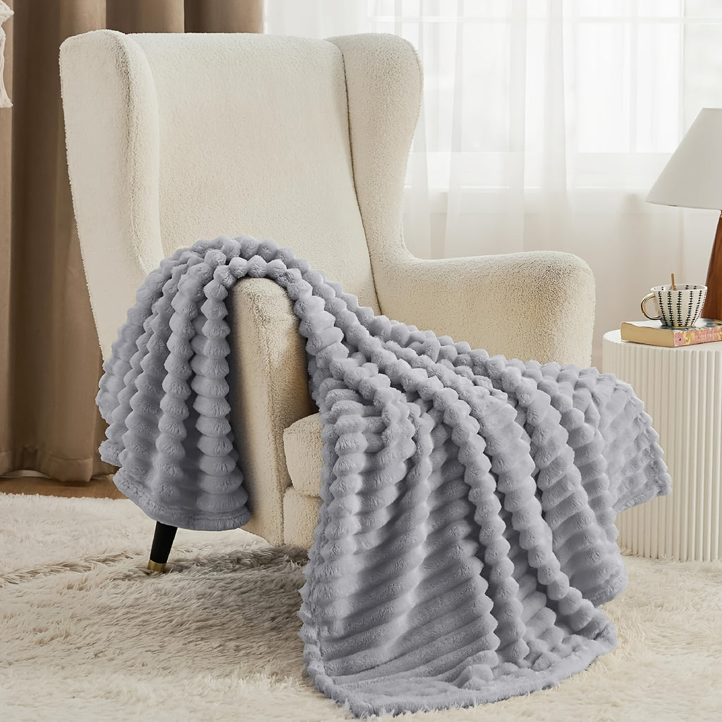 Luxurious Double-Sided Faux Rabbit Fur Throw Blanket - Cozy Striped Flannel, Soft And Warm for Naps, Office, Camping, Sofa - Versatile Polyester Bed Cover, Perfect Christmas Gift