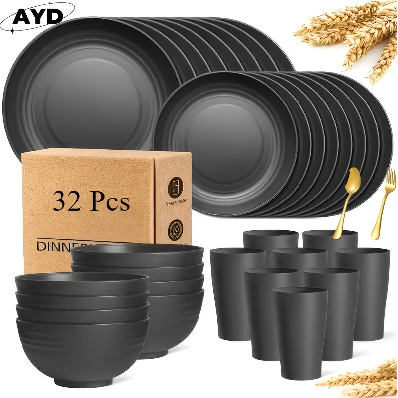 32pcs/16pcs Wheat Straw Large Size Dinnerware Set, Pair with 2 Golden Tableware, Service for 8/4 People, Lightweight Kitchen Additions, Unbreakable Modern Dish Set-Plate/Dessert Plate/Bowl/Cup, Dishwasher And Microwave Safe