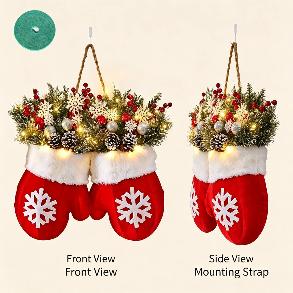 LED Twinkling Christmas Wreath with Twinkling & Artificial Pine Garland - Suitable for Front Door, Wall Decor, / Holiday Decoration - Plastic Mitten Wreath with Red Berries and Pine Branches Halloween Christmas