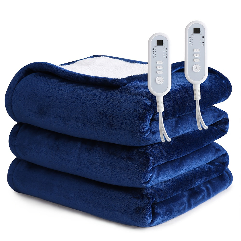 Extra Large Flannel And Electric Blanket with Time And Temperature Control, 10 Hour Auto-Off, 8 Temperature Levels, Queen/King Two Controllers, Throw/Twin/Full with 1 Controller, Machine Washable, PTC+NTC Overheat Protection