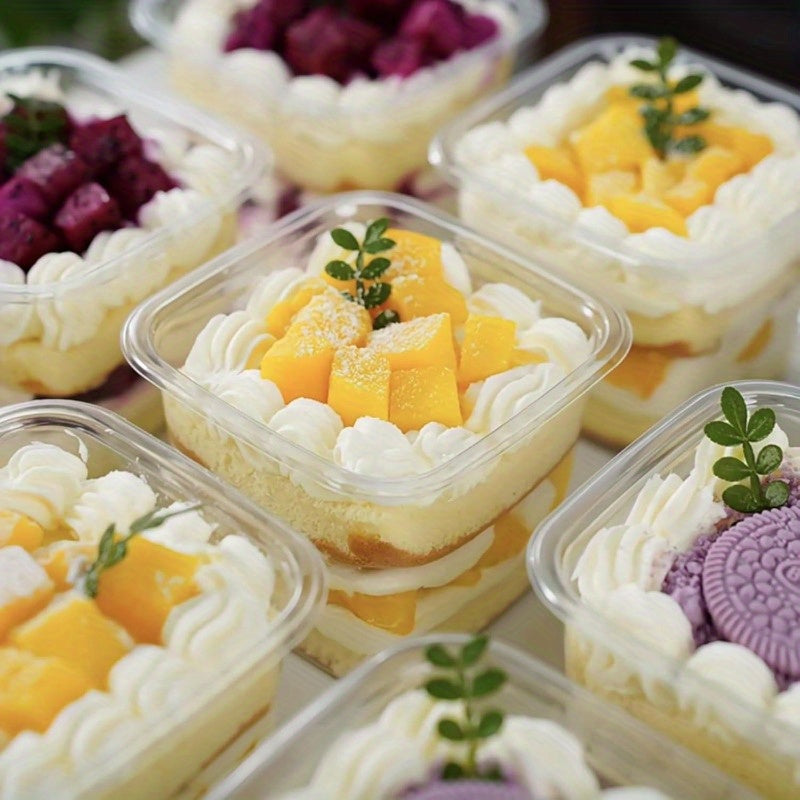 [30pcs Dessert Boxes] 30pcs PET Transparent Square Dessert Boxes, Including (Cake Cup And Lid And Spoon) Dessert Packaging Box With Spoon, Sealed And Leak-Proof, Baking Mille-Feuille Mousse Cake Packaging Container, Suitable For Cakes, Mousses, Fruits, Ic