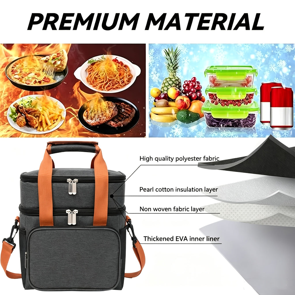 Expandable Double-Layer Insulated Lunch Bag - Leakproof, Durable Cooler Tote for Work, Office, Picnic & Beach - Lightweight with Adjustable Shoulder Strap