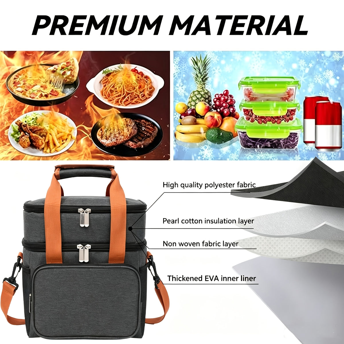 Expandable Double-Layer Insulated Lunch Bag - Leakproof, Durable Cooler Tote for Work, Office, Picnic & Beach - Lightweight with Adjustable Shoulder Strap