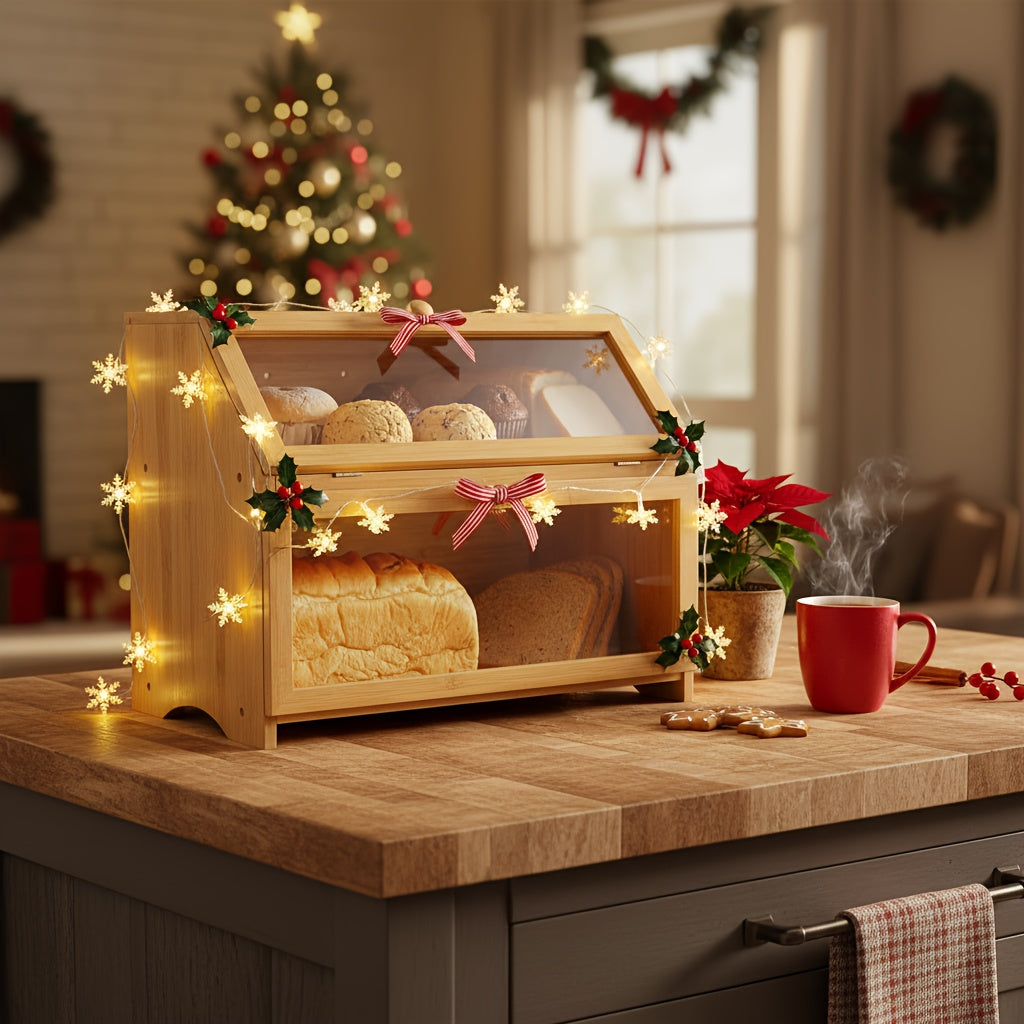 Double Layer Large Bread Box for Kitchen Counter, Wooden Large Capacity Bread Storage Bin (Natural Bamboo)