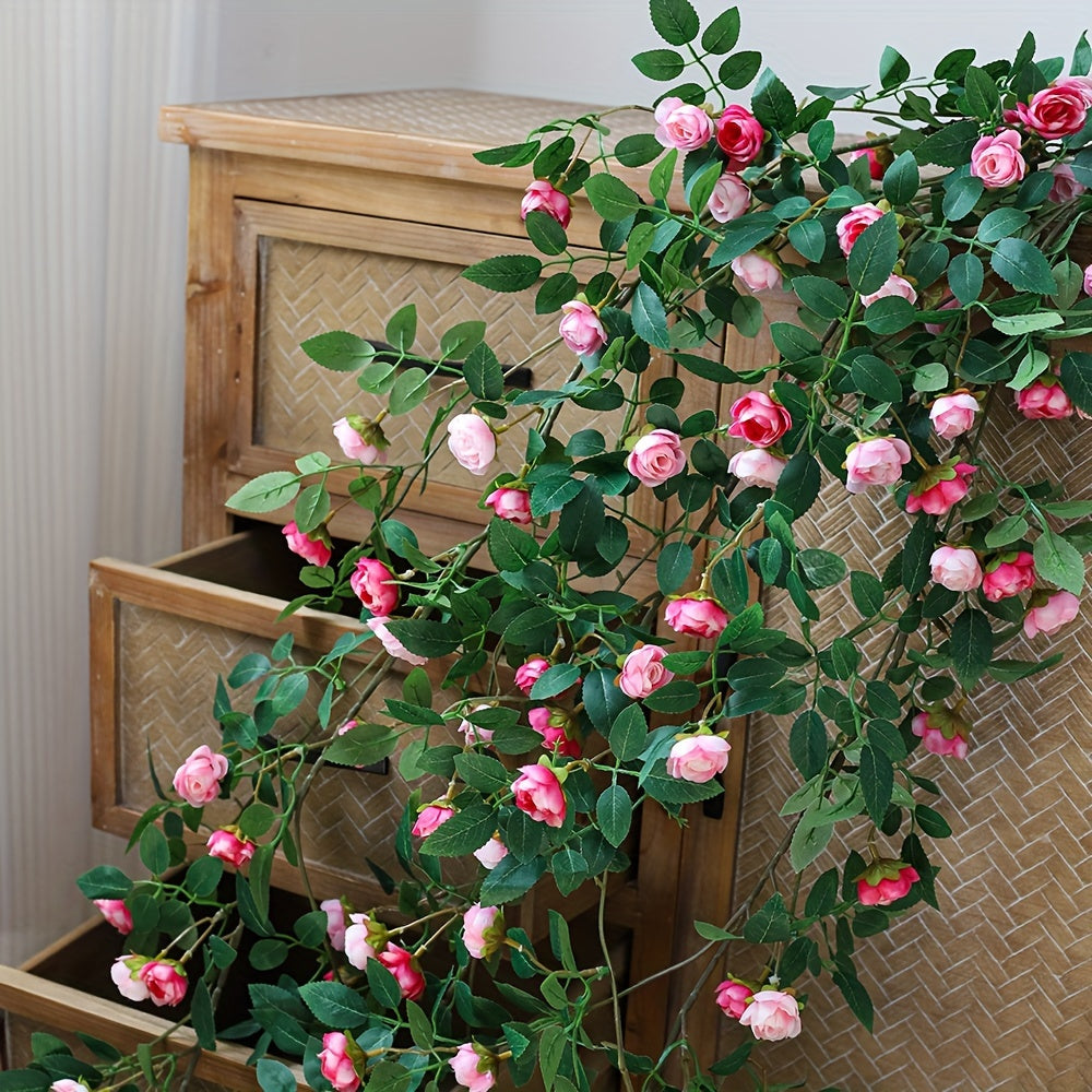1 Double Pink Rose Vine - Artificial Garland with Richly Layered Petals, Soft Color Transitions, and a Design That Closely Mimics the Form of Real Roses. Paired with Lush Foliage, It Creates a Vibrant, Natural Vitality. Perfectly Blends into French