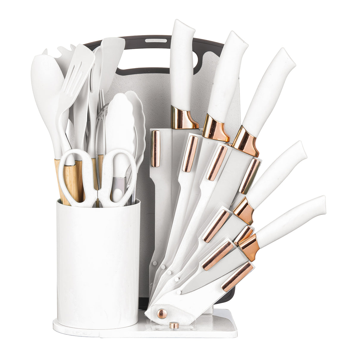 19pcs Kitchen Knife And Utensil Set, Non-Stick Black Knife Set with Wooden Handles, Silicone Cooking Tools, Cutting Board, Scissors And Holder, Best Gift for Parents
