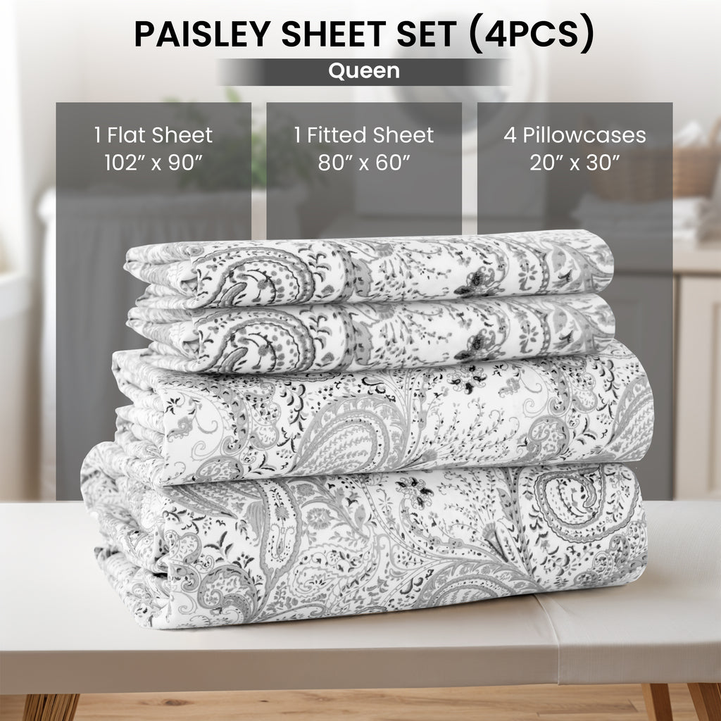 Paisley Bed Sheet Set, Soft Double Brushed Microfiber Bedding with 16-Inch Deep Pocket Fitted Sheet and Pillowcases in Six Sizes for Bedroom Comfort