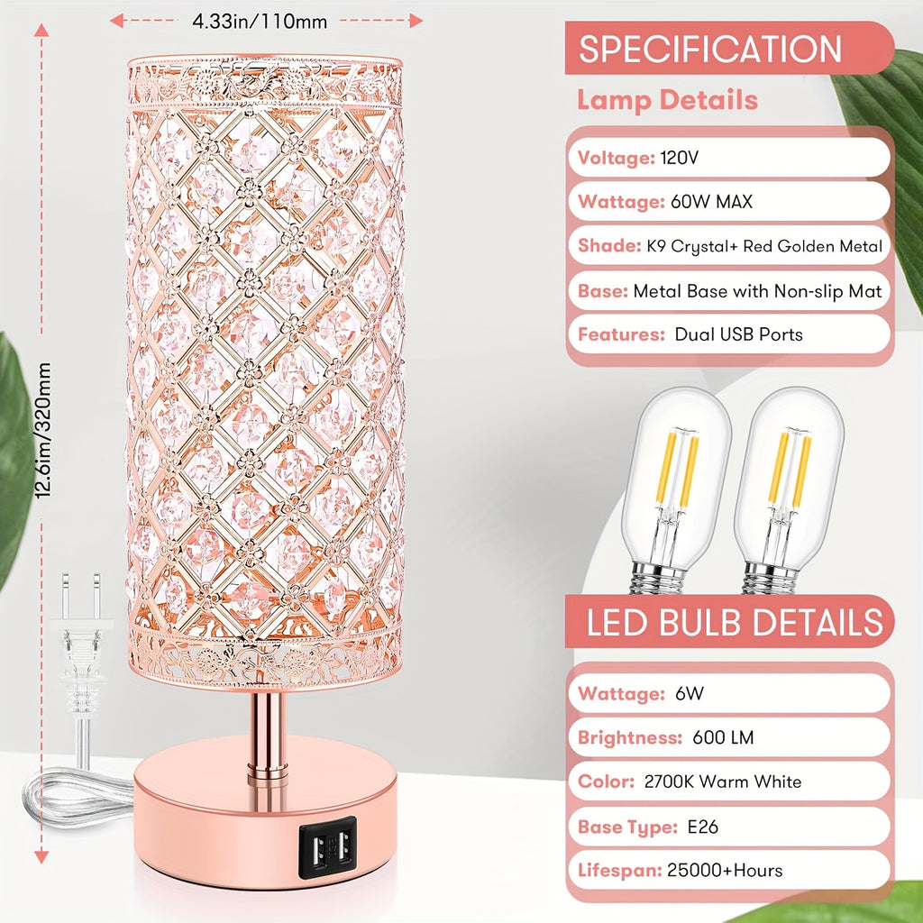 Touch Control Crystal Table Lamps With 2 USB Ports, 3-Way Dimmable Bedside Nightstand Lamps With Decorative Crystal, Small Table Lamps For Bedrooms Living Room, Office, Led Bulb Included