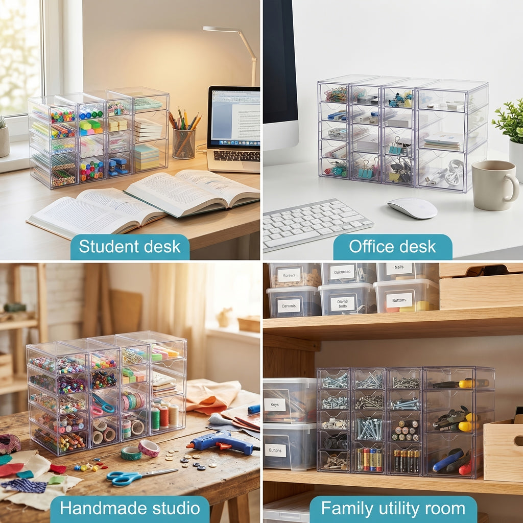 Acrylic Desktop Drawer Organizer, Clear 8 or 16 Drawer Storage Sets for Office Supplies, Makeup, Jewelry and Craft Essentials at Home