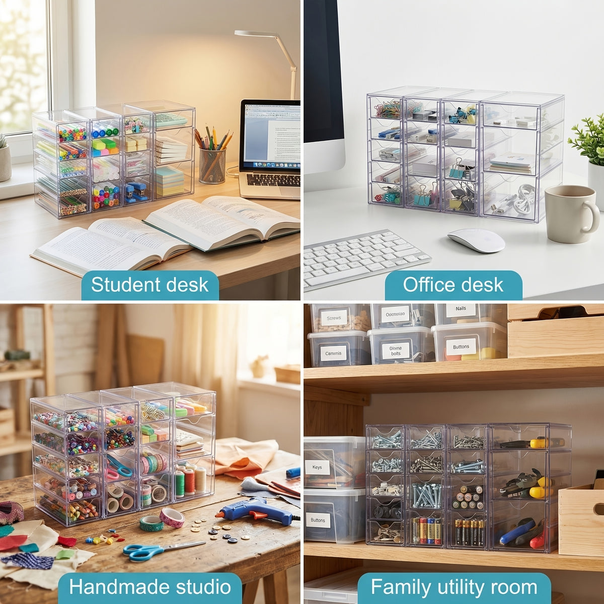 Acrylic Organizer with 8 Drawers (2 Set)/16 Drawers (4 Set), Clear Storage Drawers for Office Supplies, Desk Organization And Storage for Makeup, Jewelry, Art Crafts, Desk & Drawer Organizer for Home Storage