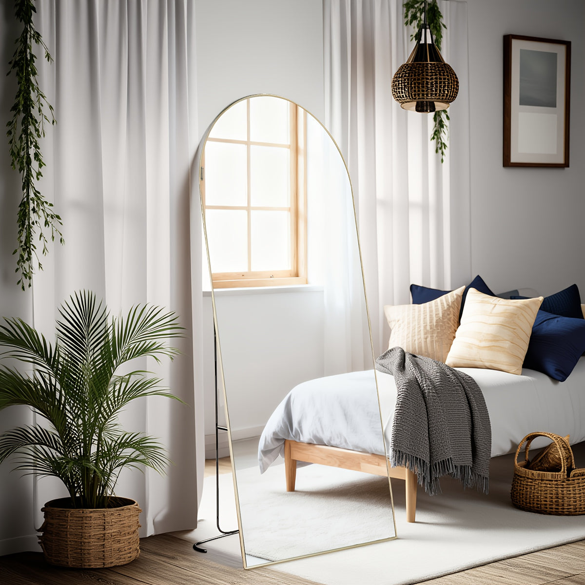 Arched/Rect Full Length Mirror, Full Body Mirror with Stand, Freestanding, Hanging or Leaning for Wall, Steel Alloy Thin Frame Floor Standing for Hotels and Bathrooms