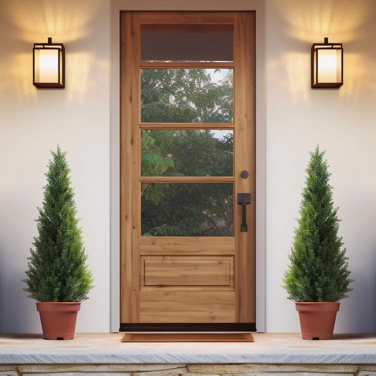 Outdoor Artificial Topiary Cedar Tree - 1pc/2pcs Fake UV Rated Potted Plants - 3/4/5FT Faux Pine Bushes And Shrubs For Front Porch Home Office Decor