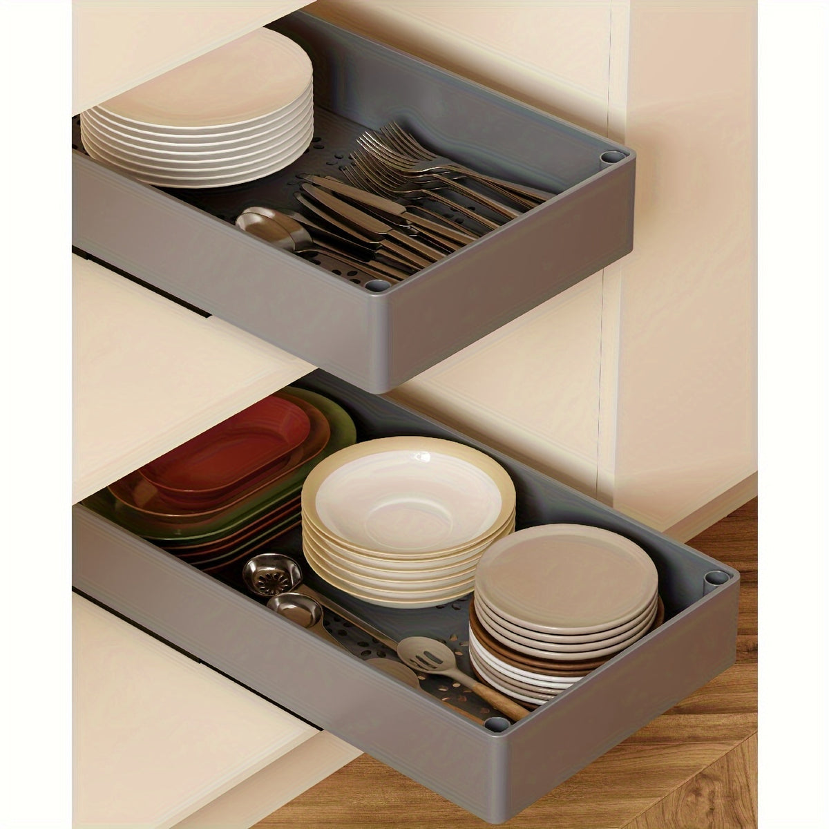 2Pcs Open Storage Bins, Boho Style Plastic Cabinet Organizer, Pull-Out Removable Slide-Out Organizer for Kitchen, Bathroom, Pantry, Cabinets