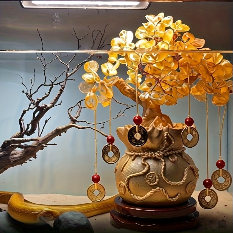 Elegant Golden Resin Wealth Tree With Natural Crystal Leaves - Attracts Prosperity & Fortune, Feng Shui-Inspired Home Decor, Unique Business Gift, Auspicious Wealth Symbol, Ideal For Reptile Habitat Tree, Crystal Leaf Design, Wealth Tree