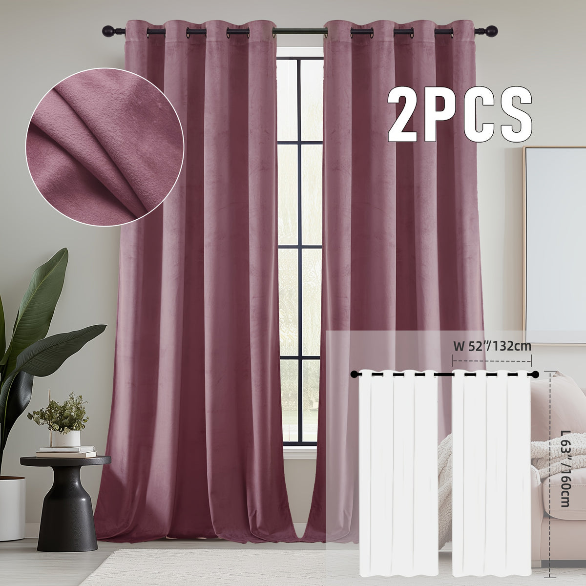 2pcs Velvet Room Darkening Curtains | Vintage Soundproof and Thermal Insulated, Elegant Soft Velvet Grommet Top Curtains for Living Room and Bedroom, Unlined, Solid Color, Fashionable Valentine'S Day Décor