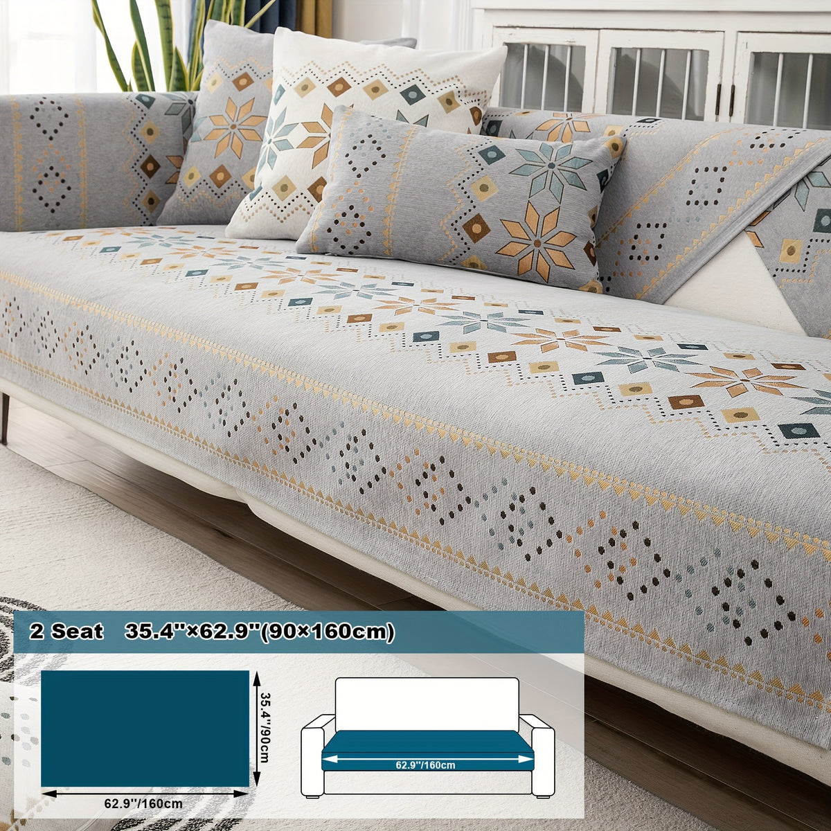 1pc Bohemian Chenille Sofa Cover Suitable for Sofa Sizes (Single to Four-Seater) - Thick Plush Non-Slip Couch Cover with Geometric Embroidery, Chenier Fabric Slipcover Fits for Sectional Sofas, Machine Washable Furniture