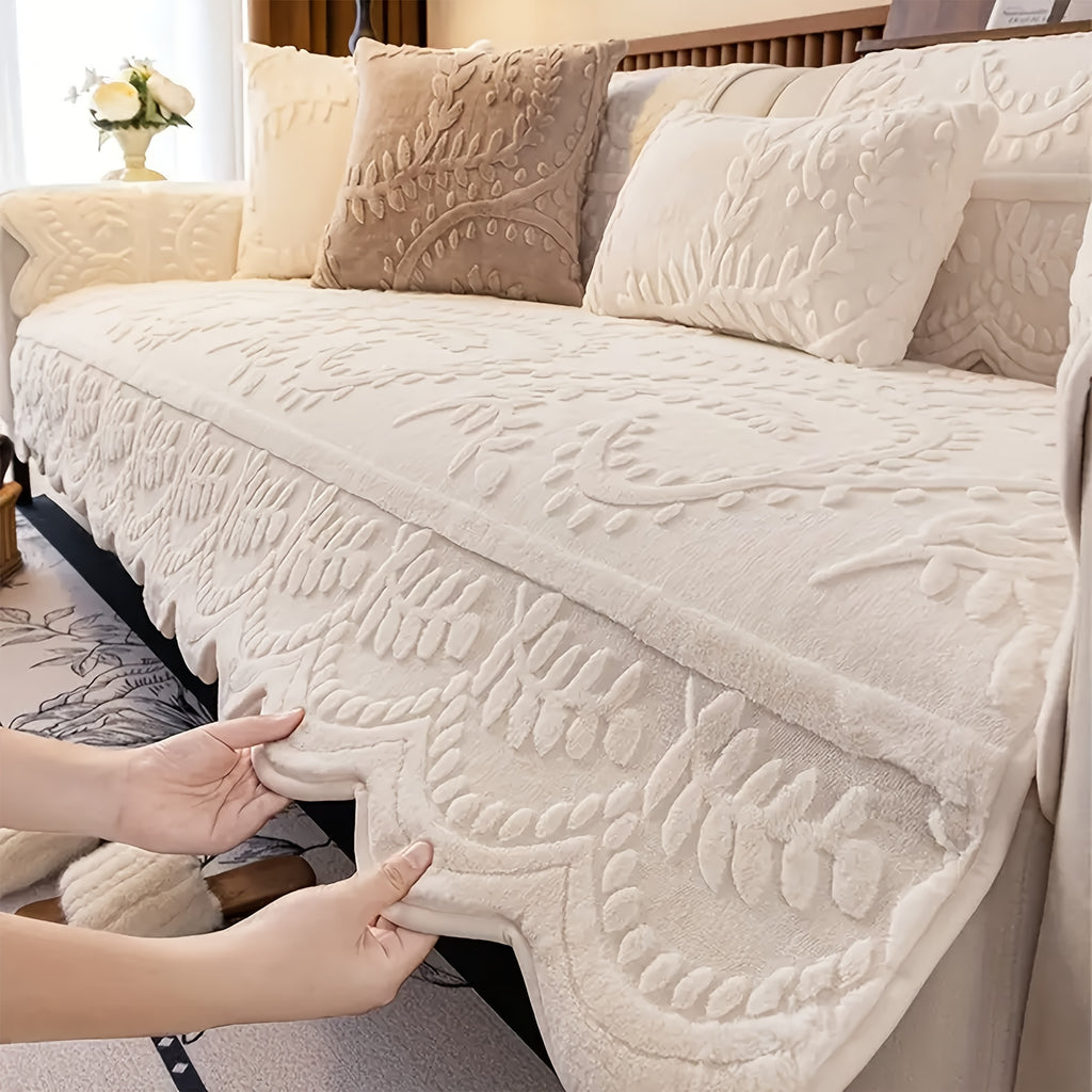 1pc Thickened Quilted Machine Washable Sofa Cushion, Faux Rabbit Fur Comfort Warm Non-slip Plush Sofa Cover, Breathable and Comfortable Pet-friendly for Bedroom, Office, Living Room, Suitable for 2/3/4-seater Sofa, Home Winter Decor, Christmas Gifts