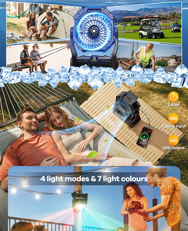 Rechargeable Misting Camping Fan, 20000mAh Portable Outdoor Fan with 4 Speeds, 200ml Water Tank, RGB Lighting and USB Output for Tent and Patio Use
