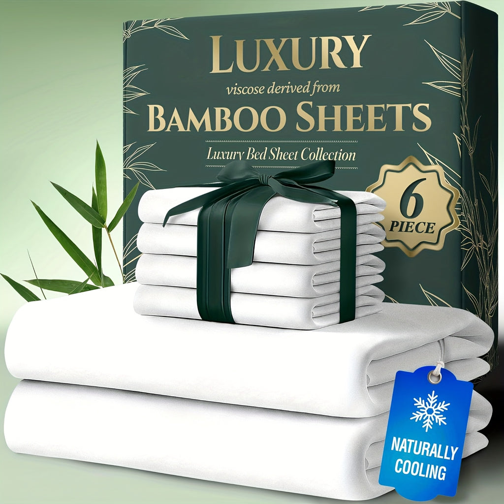 Deep Pocket Bamboo Cooling Bed Sheets 6pcs - Bamboo Luxury Cooling Sheets for Hot Sleepers - Cloud Soft, 17" Deep Pocket Fitted Sheet, Ultra Durable Bed Set for Room Decor