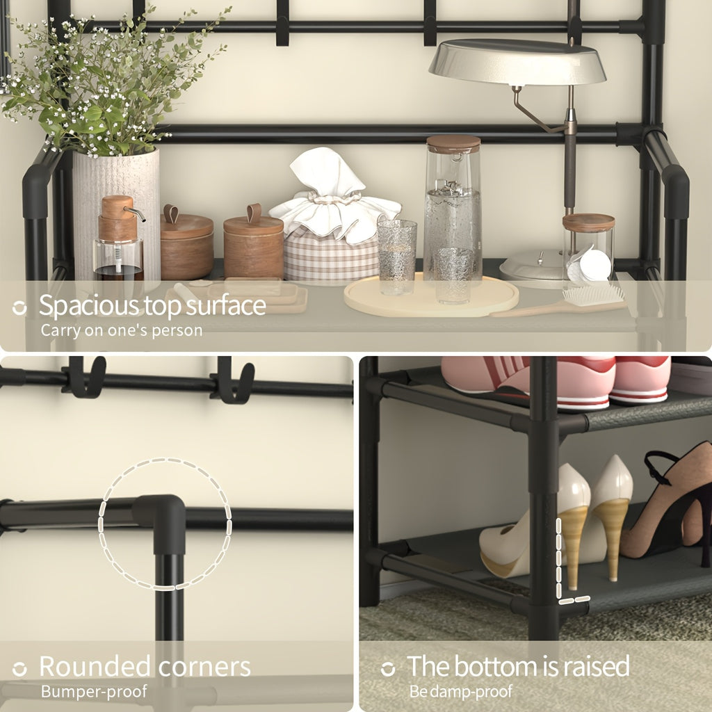 Multifunctional 5-Tier to 3-Tier Shoe Rack, Freestanding Shoe Organizer, Shoe Storage And Organizer, Shelves, with Multi-Layer Storage And 8pcs Double Hooks, Suitable for Living Room, Bedroom, Entrance