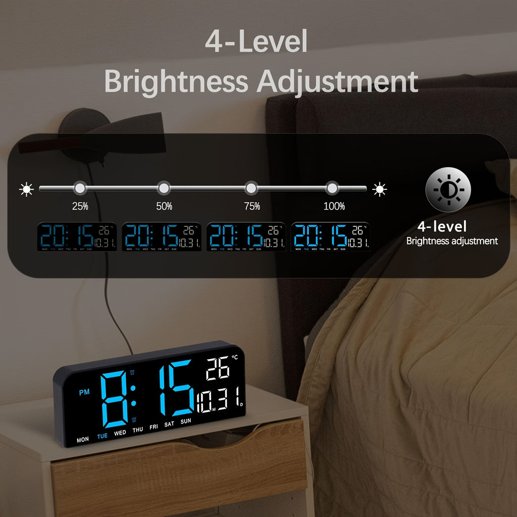Large Screen LED Alarm Clock - Luminous Display of Week, Temperature, Humidity, and Timer - Ideal for Bedroom, Living Room, and Office with Sleek Modern Design.