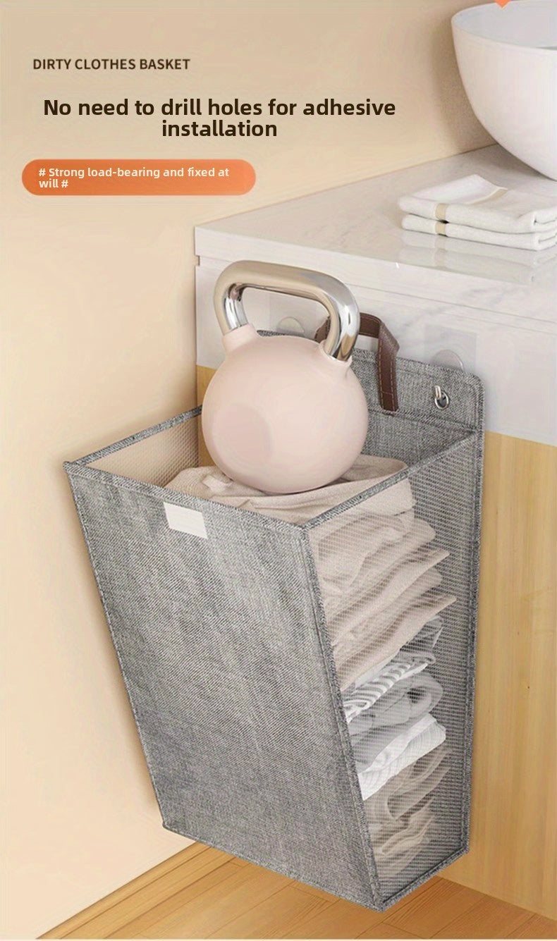 Wall Mounted Laundry Hamper with Lid, Foldable Gray Oxford Cloth Basket for Space Saving Clothes and Toy Storage in Bedrooms, Bathrooms and Living Rooms