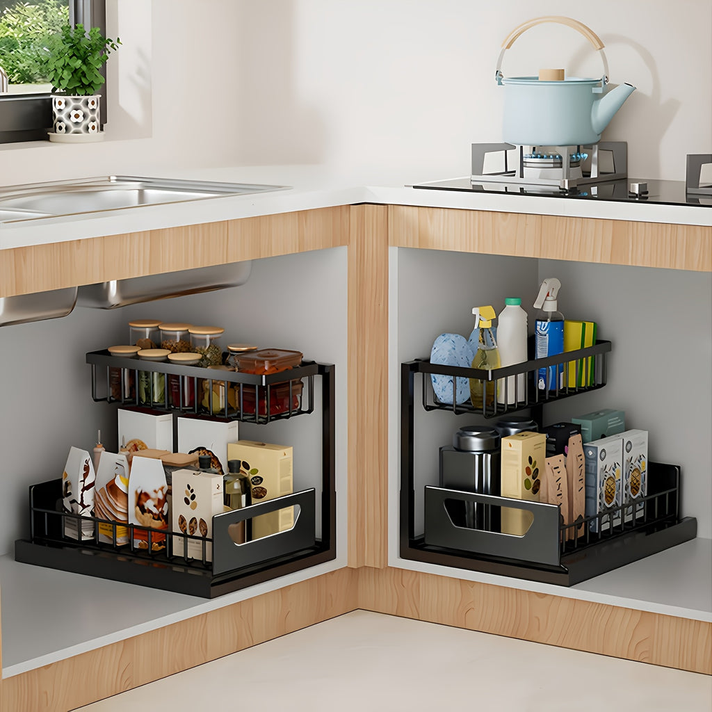 2-story Kitchen Sink Storage Containers, Push-pull Cabinet Organizer, Kitchen and Bathroom Organizers and Storage, Study, Tabletop, Metal Sliding Drawers, Practical and Convenient Kitchen Accessories Essentials, Kitchen Organizers and Storage