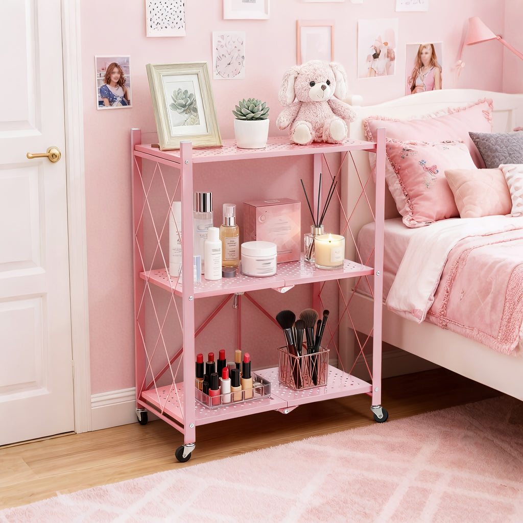 3/4/5-Tier Portable Multifunctional Storage Rack, Floor-Standing Storage Rack with Lockable Wheels, Space-Saving, No Assembly, Foldable Storage Shelf with Durable Carbon Steel Frame for Bedroom, Balcony, Garden, Standing Shelf