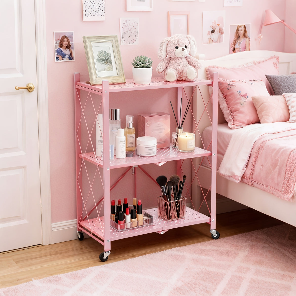 3/4/5-Tier Portable Multifunctional Storage Rack, Floor-Standing Storage Rack with Lockable Wheels, Space-Saving, No Assembly, Foldable Storage Shelf with Durable Carbon Steel Frame for Bedroom, Balcony, Garden, Standing Shelf