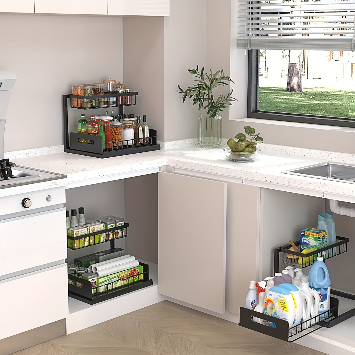 2-Tier Under Sink Organizers And Storage, Under Sink Organizer, Slide Out Pull Out Cabinet Organizer Shelf, Metal Sliding Drawer for Kitchen Bathroom Pantry Cabinet Closet Organization Rack (1 PACK/2 PACK)