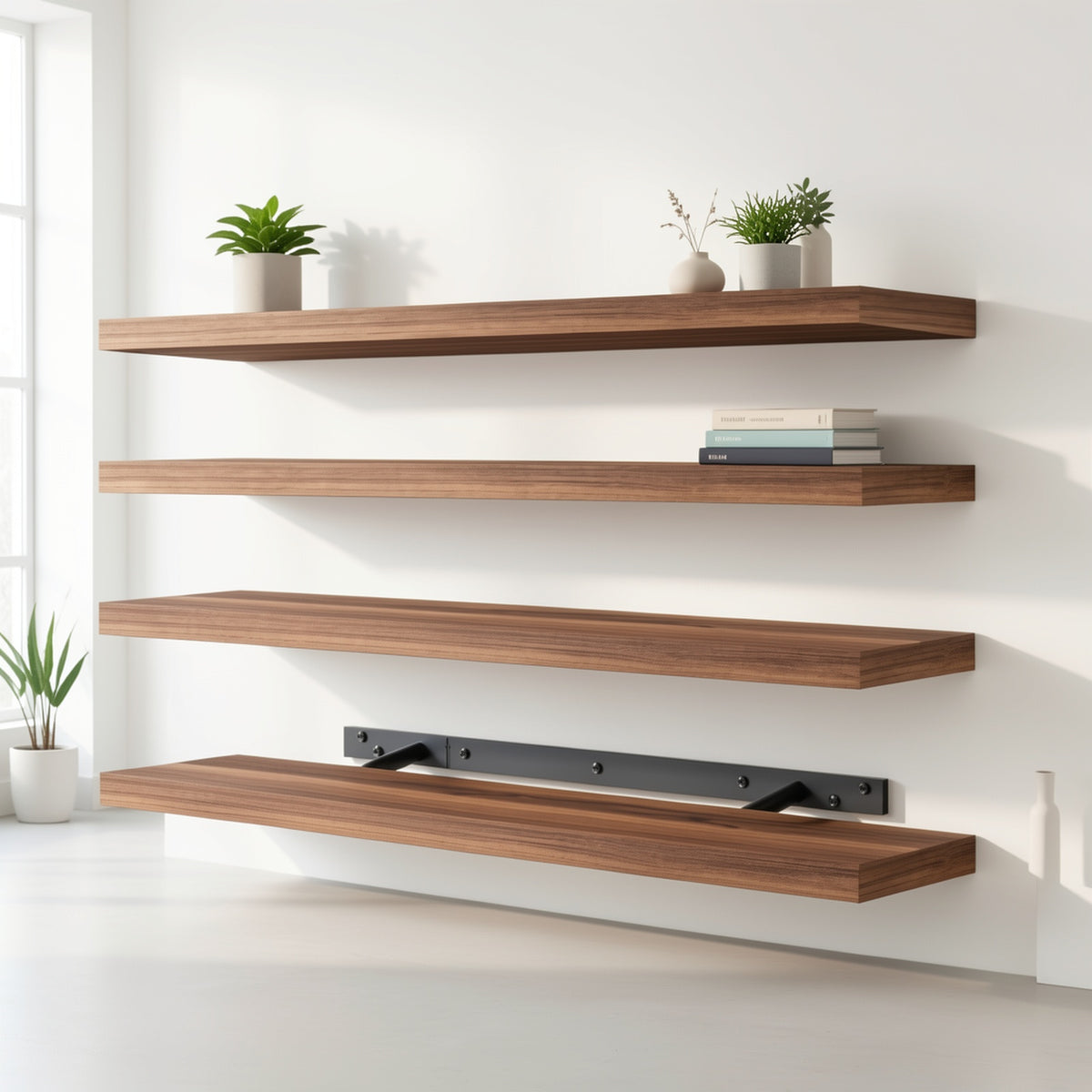 22 Inch Floating Shelf Set of 4 with Hidden Brackets, Wall Mounted Display Shelves in Walnut, Light Brown, Black or White for Home Storage