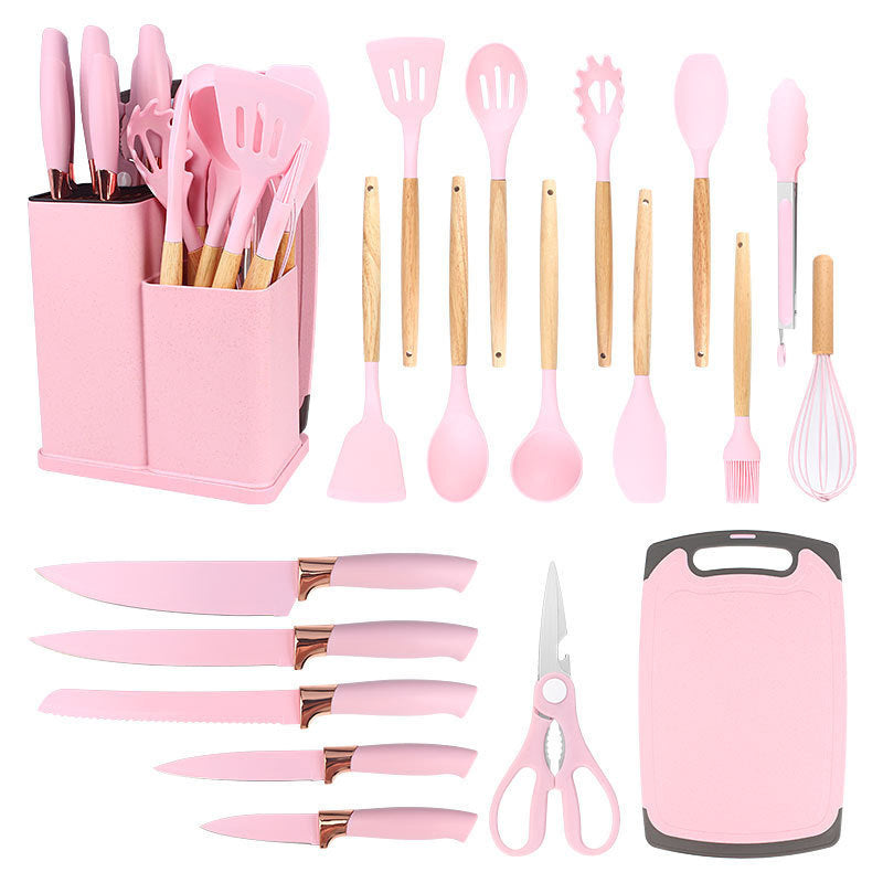 19pcs Non-Stick Silicone Cookware Set with Bamboo Storage Containers And Knives - Heat-Resistant Pots, Pans, Utensils - Kitchen Tools for Frying, Boiling - for Induction Stovetops And Ovens (Wooden Handle)